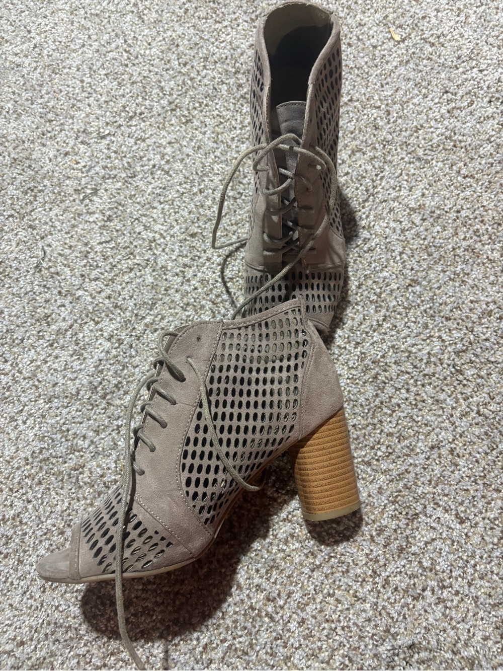 Women's Taupe Lace-Up Perforated Block Heel Ankle Booties